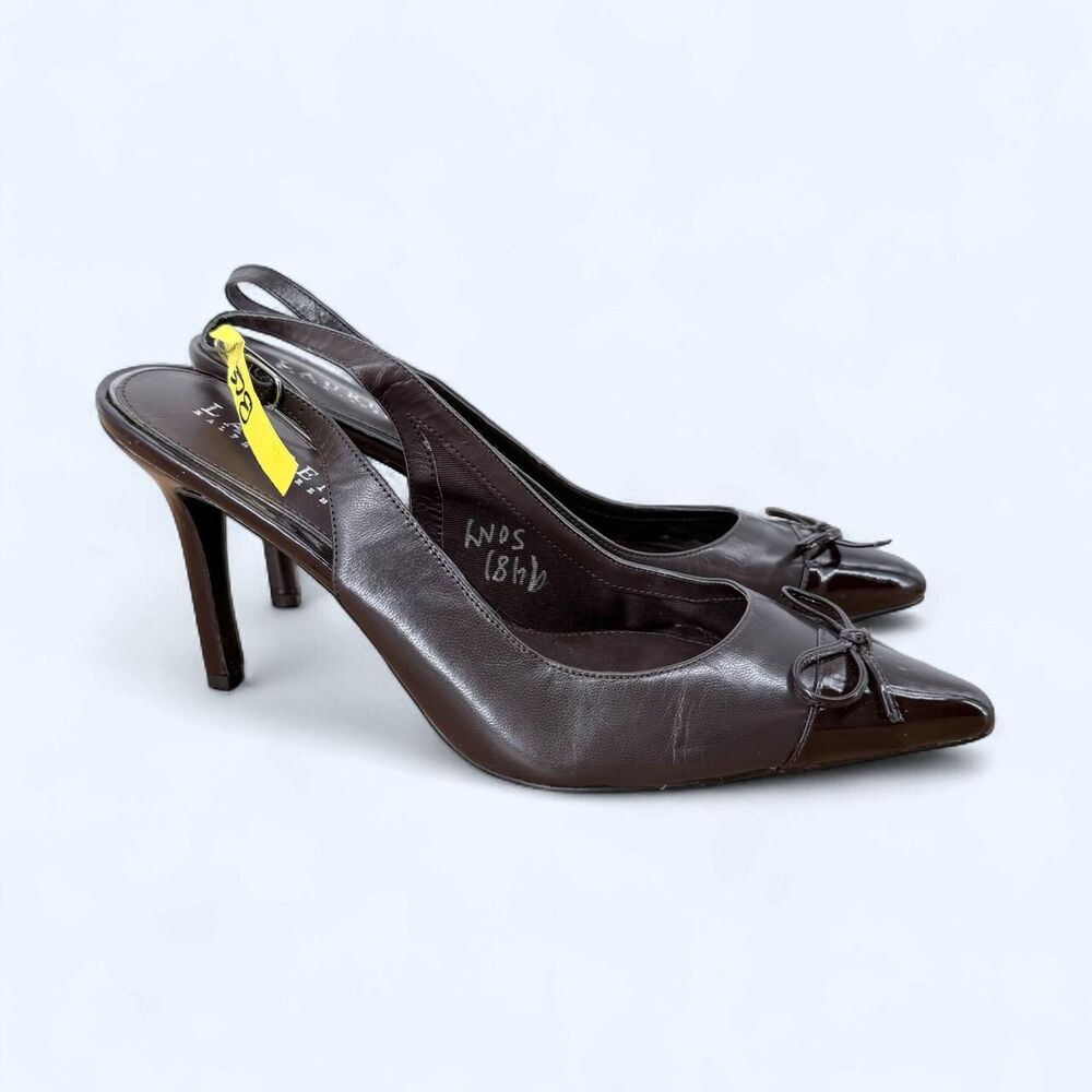 Leather Slingback Pumps Pointed Cap Toe Bow High Stiletto Heels Brown Corporate